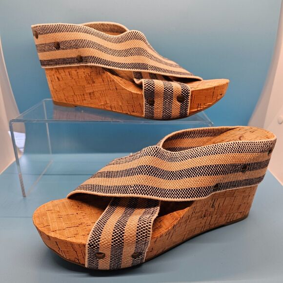 Lucky Brand Mykayla Denim Striped‎ Cork Platform Wedge Open Toe Sandal SZ 8M 38 - Picture 1 of 6